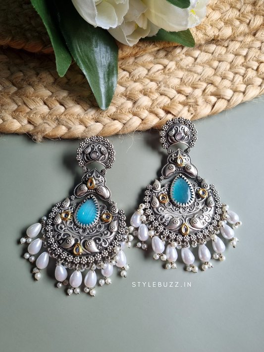 Oversized Dual Tone Silver Replica Earrings with Pearl Beads