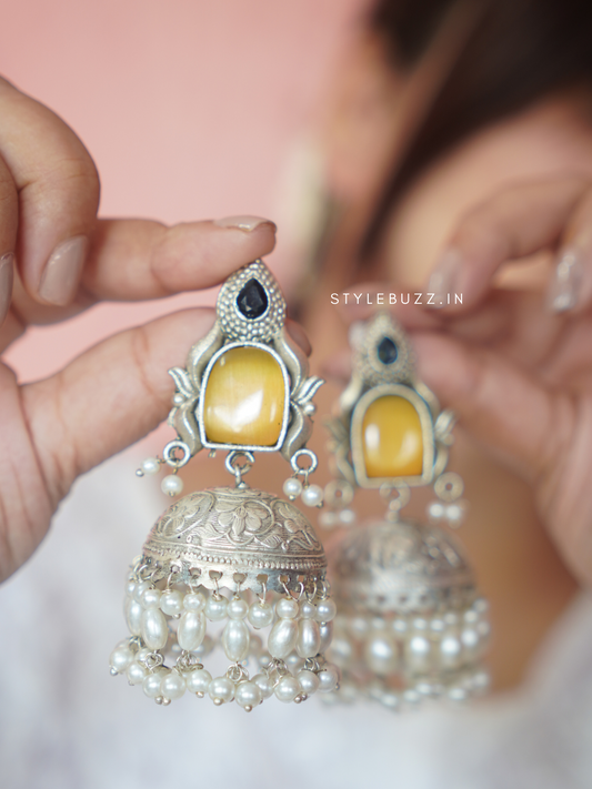 Premium Oversized Light Weight Silver Replica Yellow Jhumka