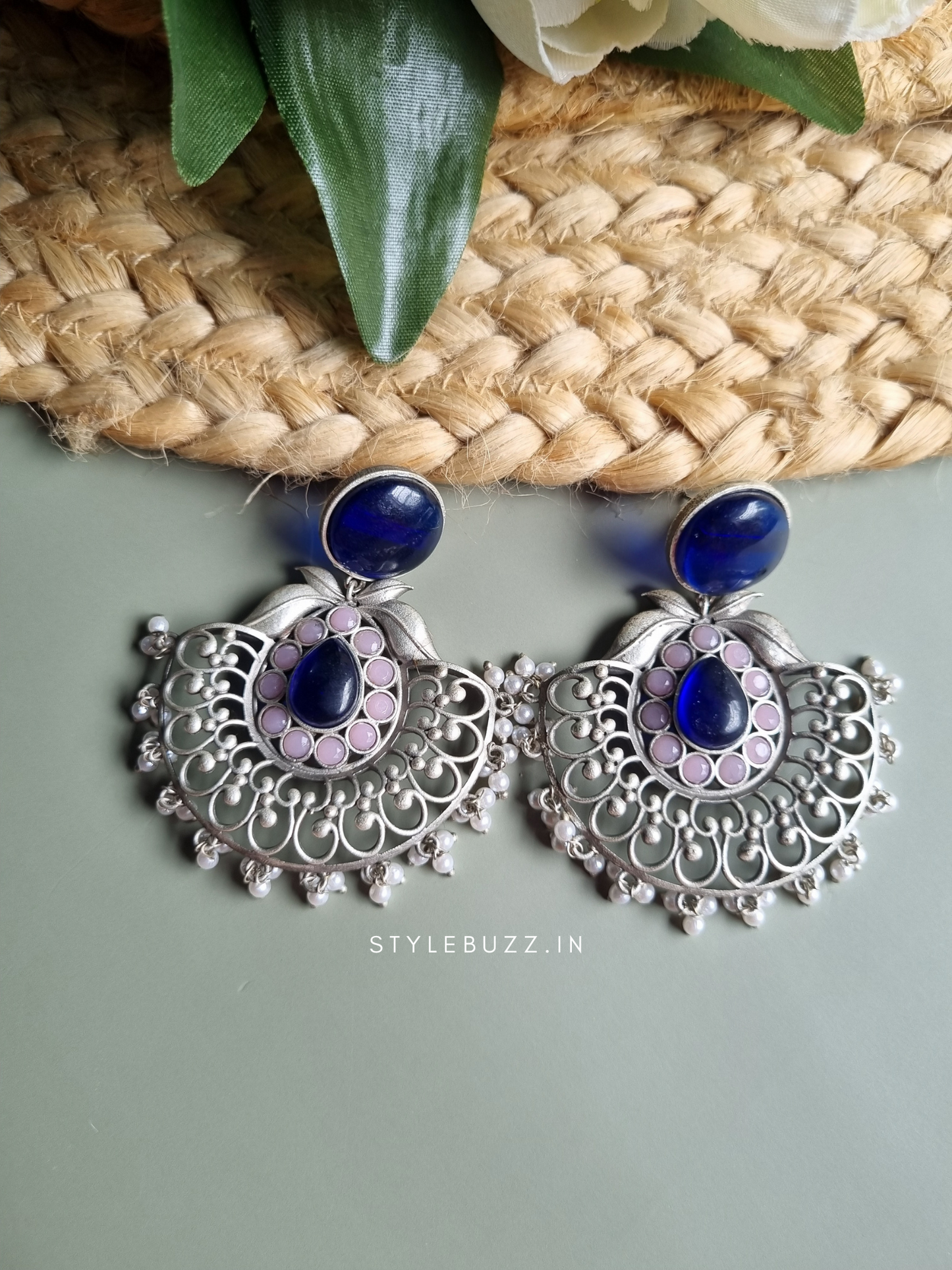 Premium Silver Replica Chandbali Earrings with Blue Monalisa stone