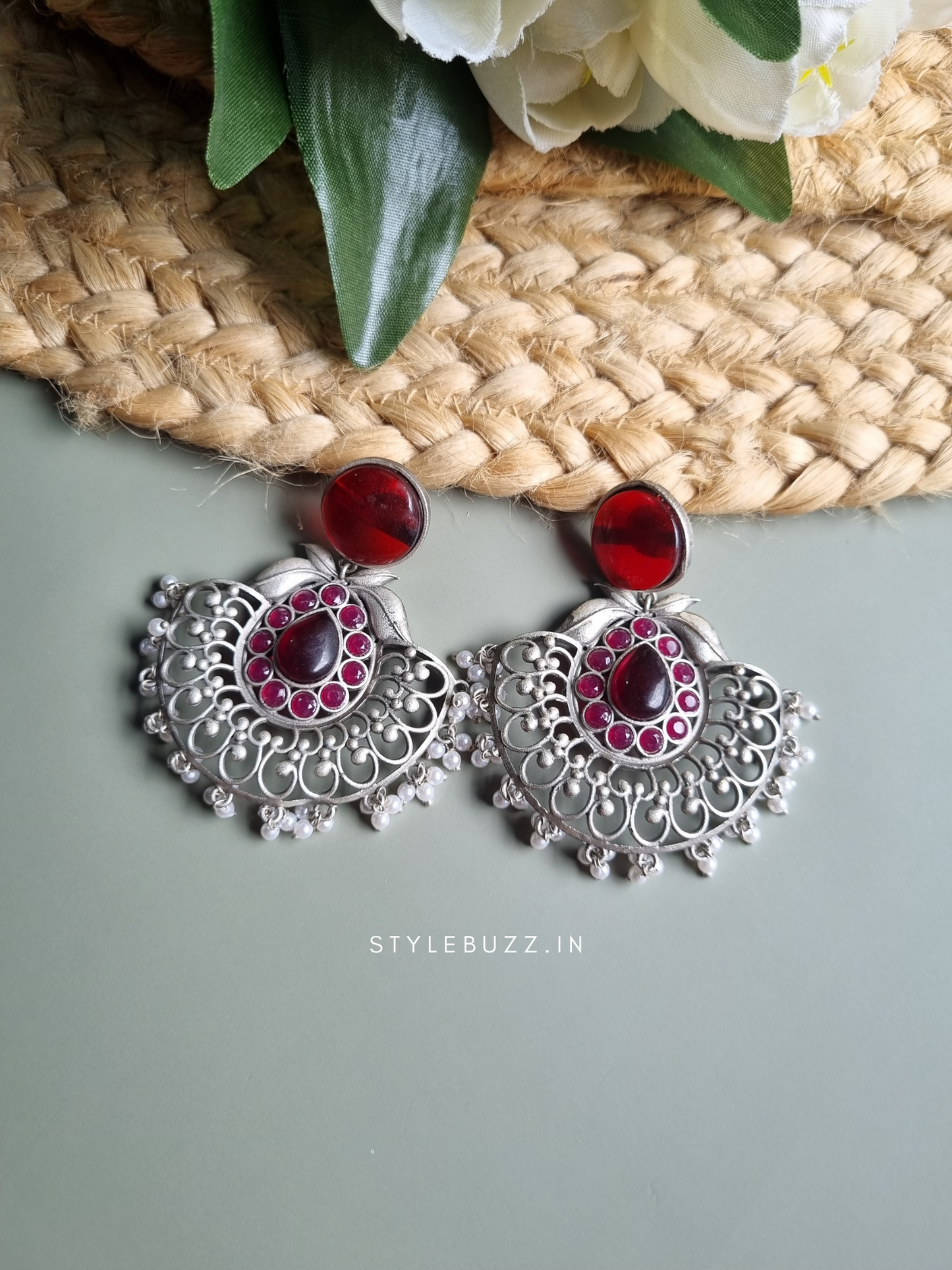 Premium Silver Replica Chandbali Earrings with Maroon Monalisa stone