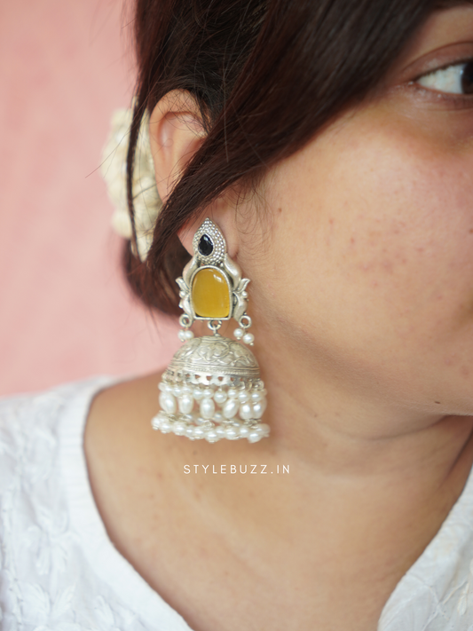 Premium Oversized Light Weight Silver Replica Yellow Jhumka
