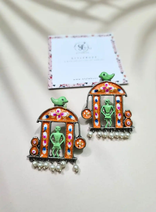 Hand-painted Orange Silver Replica Earrings