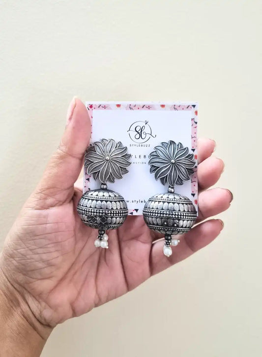 Silver Replica Lotus Jhumka with White Beads