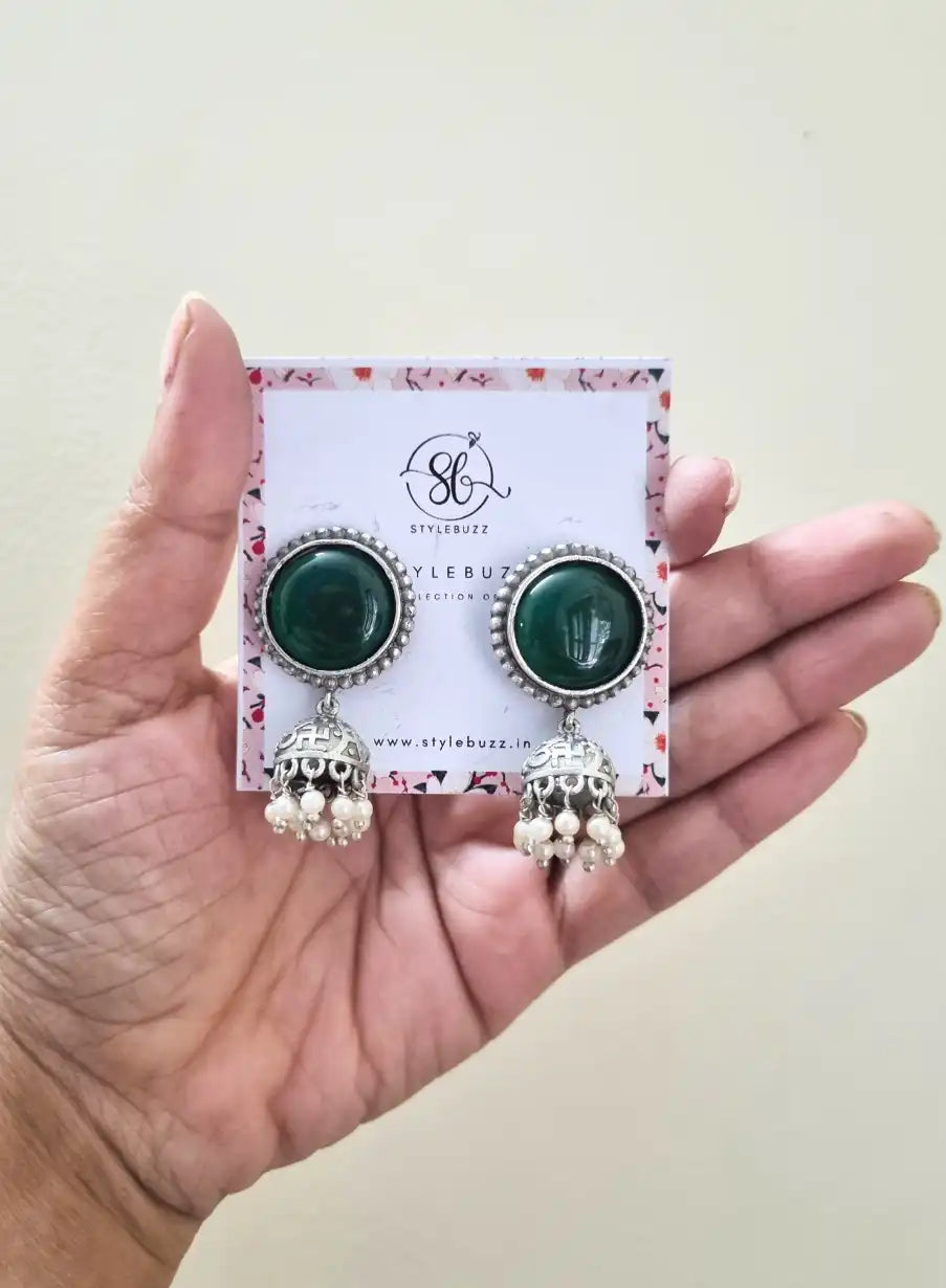 Silver Replica Green Monalisha Stone Lightweight Jhumka.