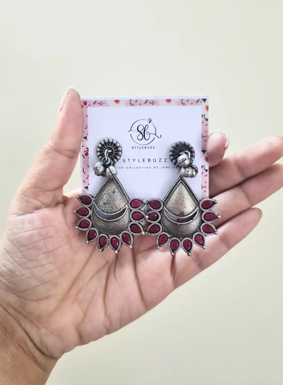 Silver Replica Maroon Monalisha Stone Earrings