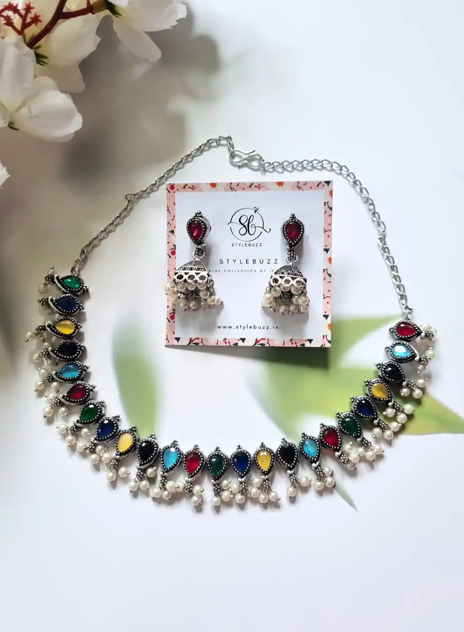 German Silver Gorgeous Multicolor Monalisha Stone Necklace