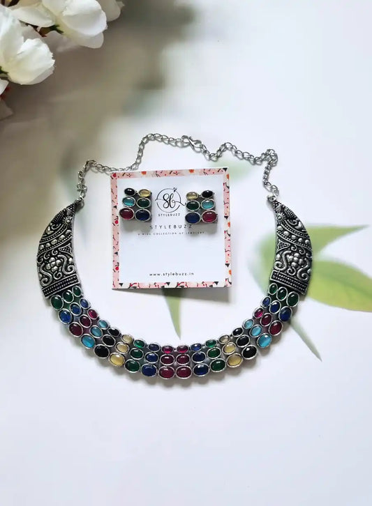 German Silver Trendy Multicolor Monalisha Stone Necklace with Matching Earrings