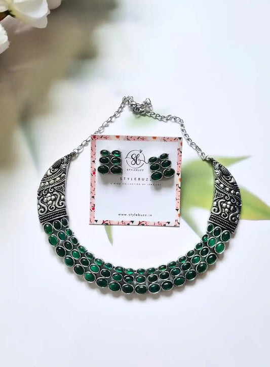 German Silver Gorgeous Green Monalisha Stone Necklace with Matching Earrings