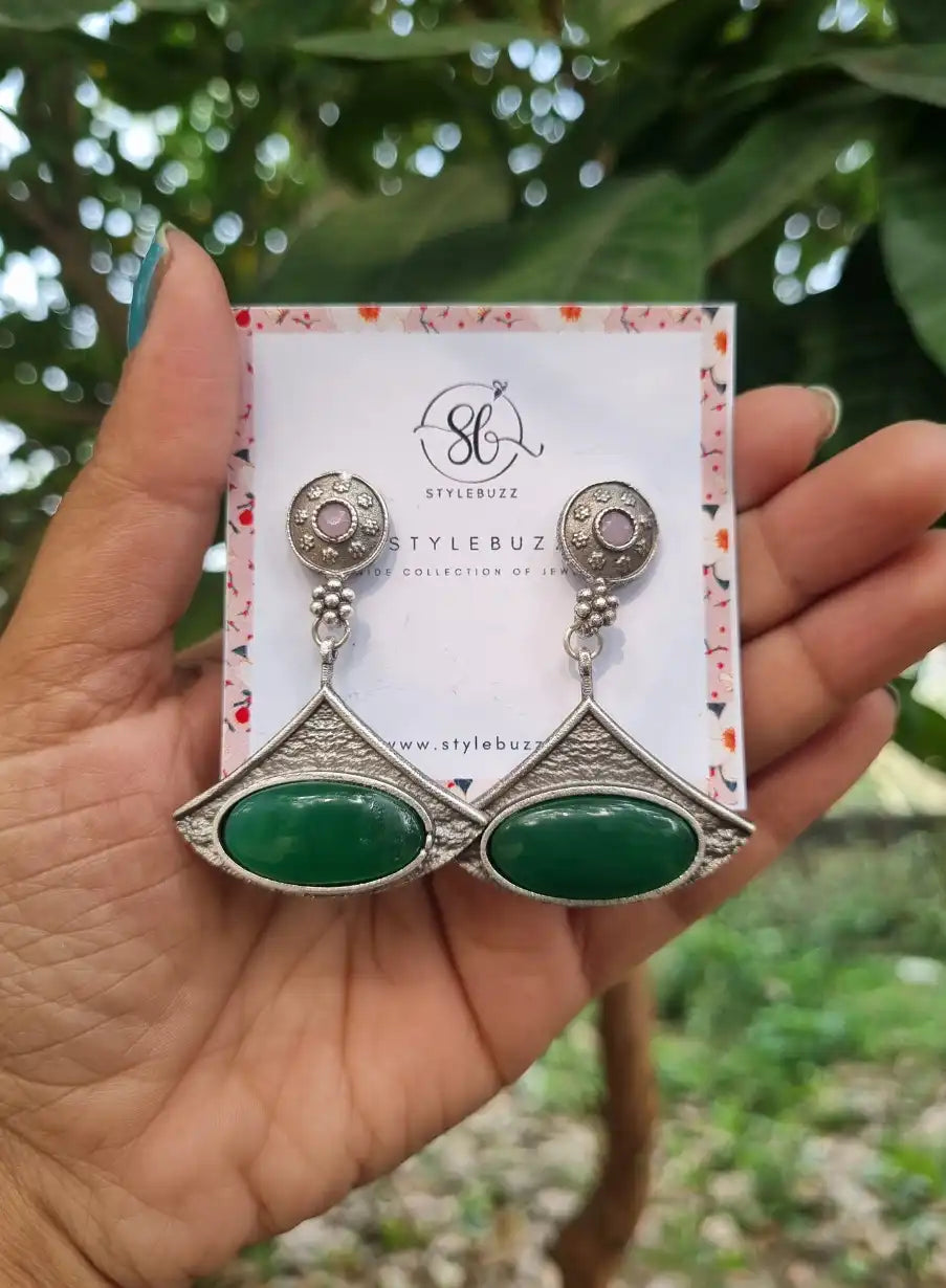 Silver Replica Green Monalisha Stone Trendy Earrings