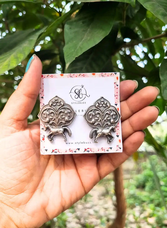 Silver Replica Horse Floral Art Work Stud Earrings.