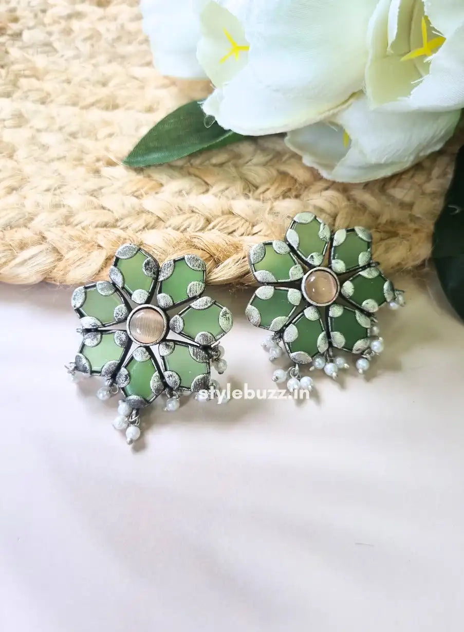 Silver Replica Green Monalisha Stone Premium Stud.