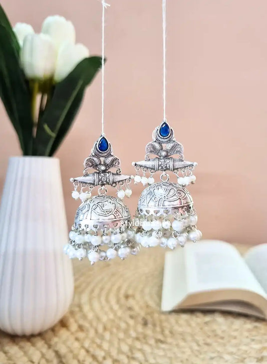 Silver Replica Premium Blue Monalisha Stone Jhumka