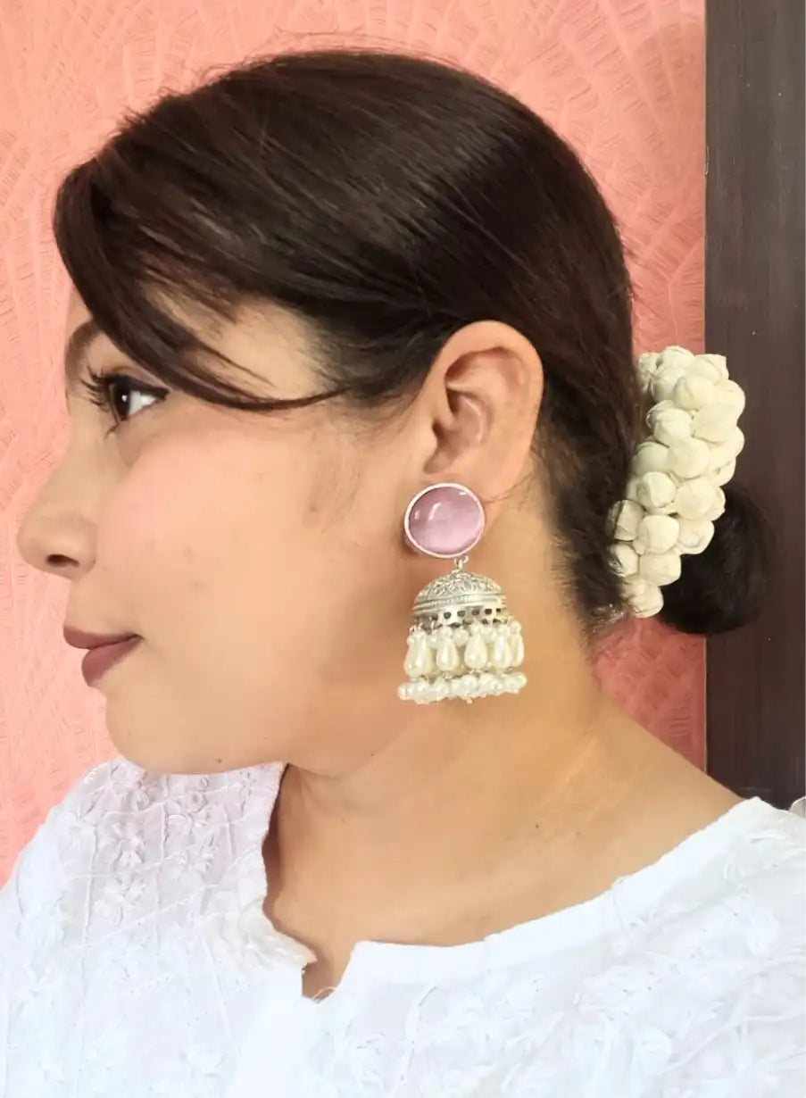 Silver Replica Trendy Lavender Monalisha Stone Jhumka