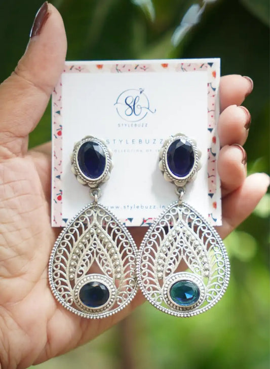 Silver Replica Oval Blue Monalisha Stone Premium Earrings