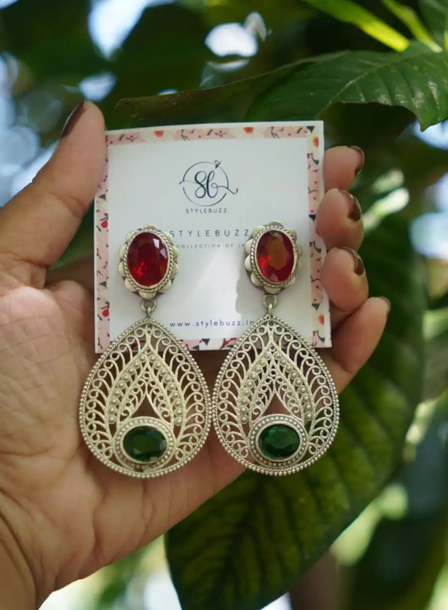 Silver Replica Oval Red-Green Monalisha Stone Premium Earrings