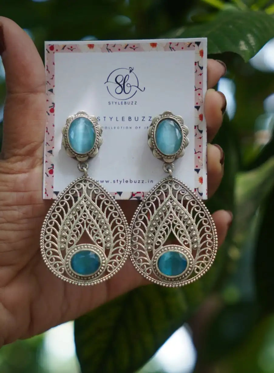 Silver Replica Oval Sky-Blue Monalisha Stone Premium Earrings