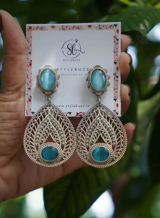 Silver Replica Oval Sky-Blue Monalisha Stone Premium Earrings