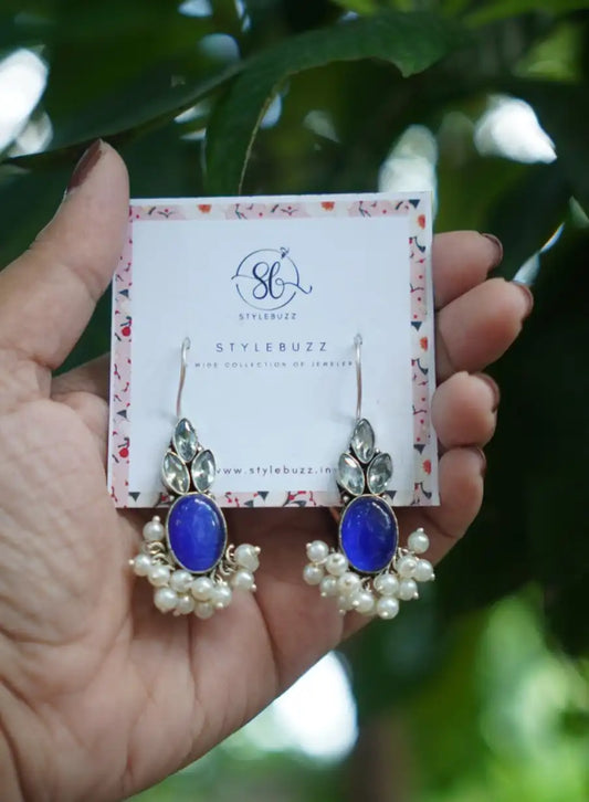 Silver Replica Blue Monalisha Stone Danglers with Lahari Beads