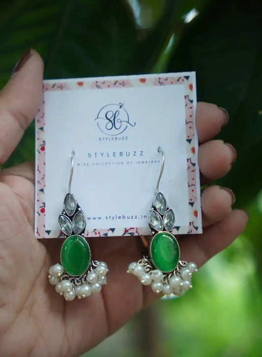 Silver Replica Green Monalisha Stone Danglers with Lahari Beads