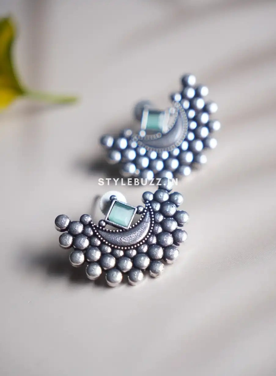 Silver Replica Moon Shape Mint-Green Stone Earrings