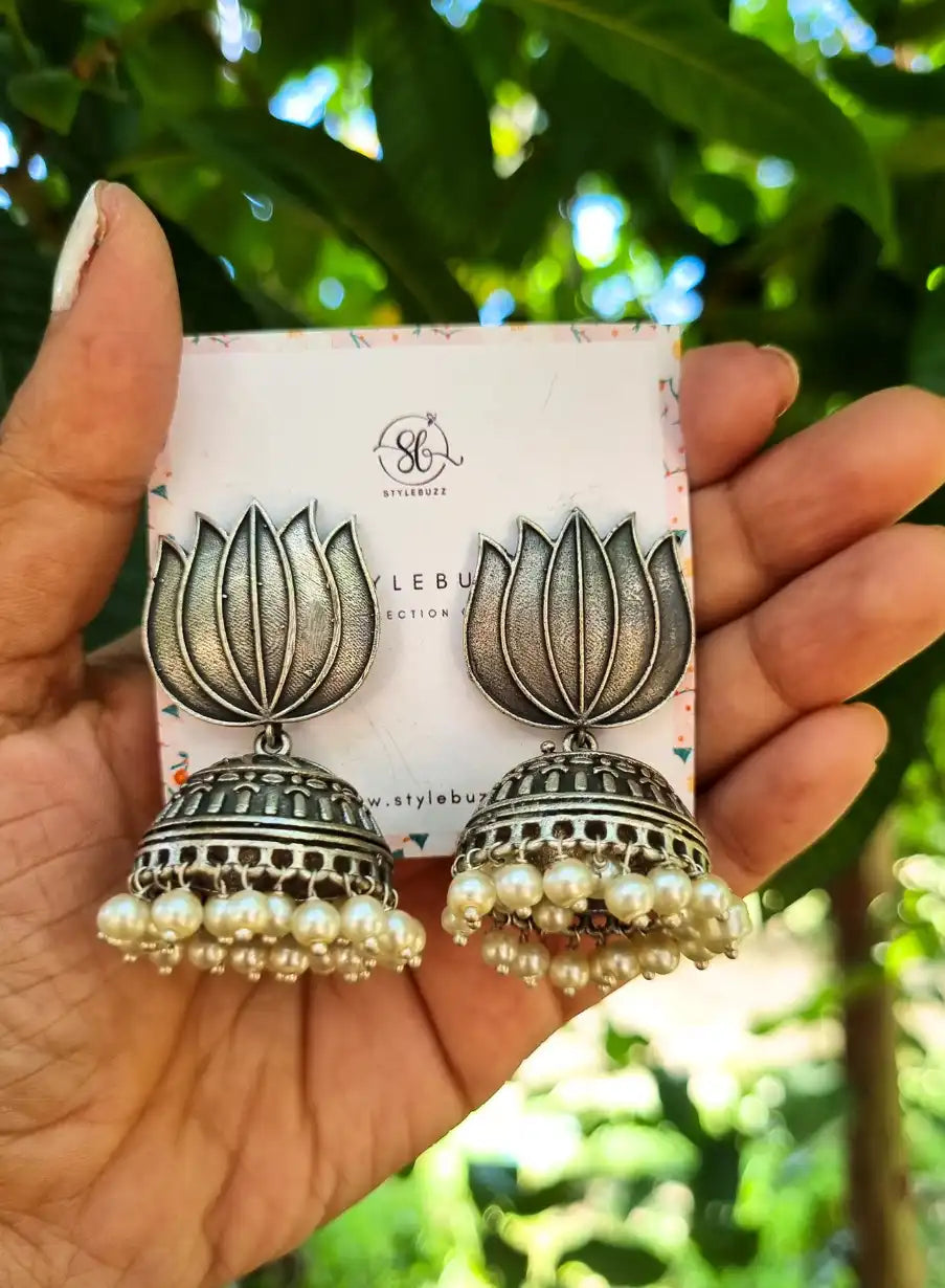 Silver Replica Lotus Jhumka with White Beads.