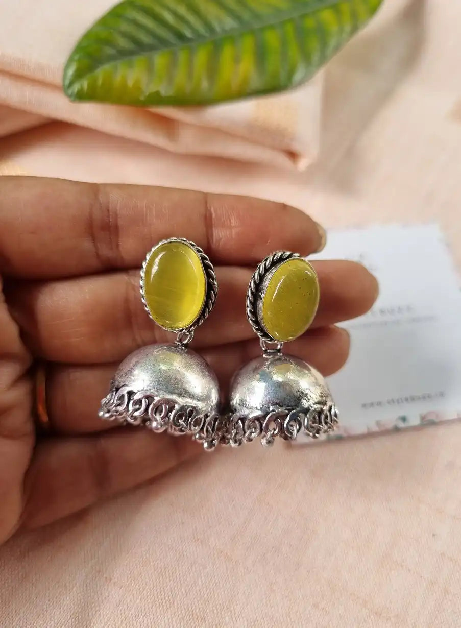 Silver Replica Yellow Oval Monalisha Stone Small Jhumka.