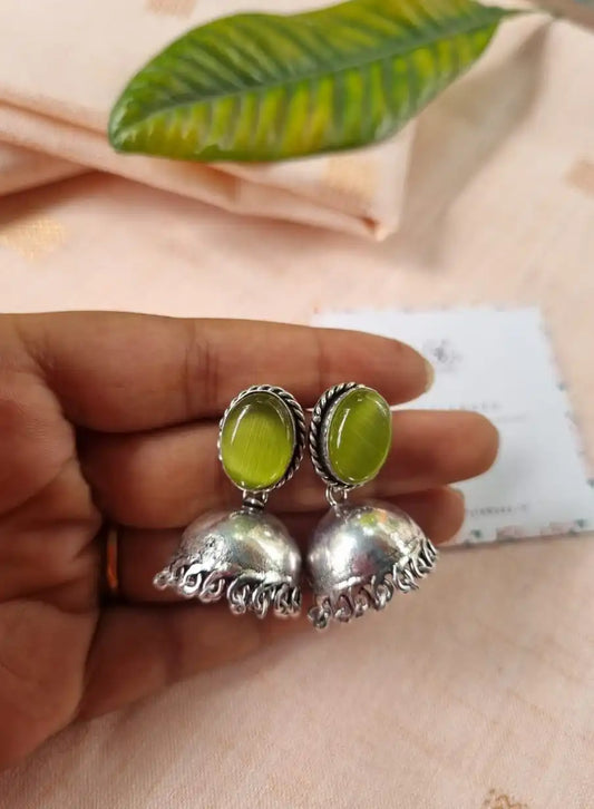 Silver Replica Lime-Green Oval Monalisha Stone Small Jhumka.
