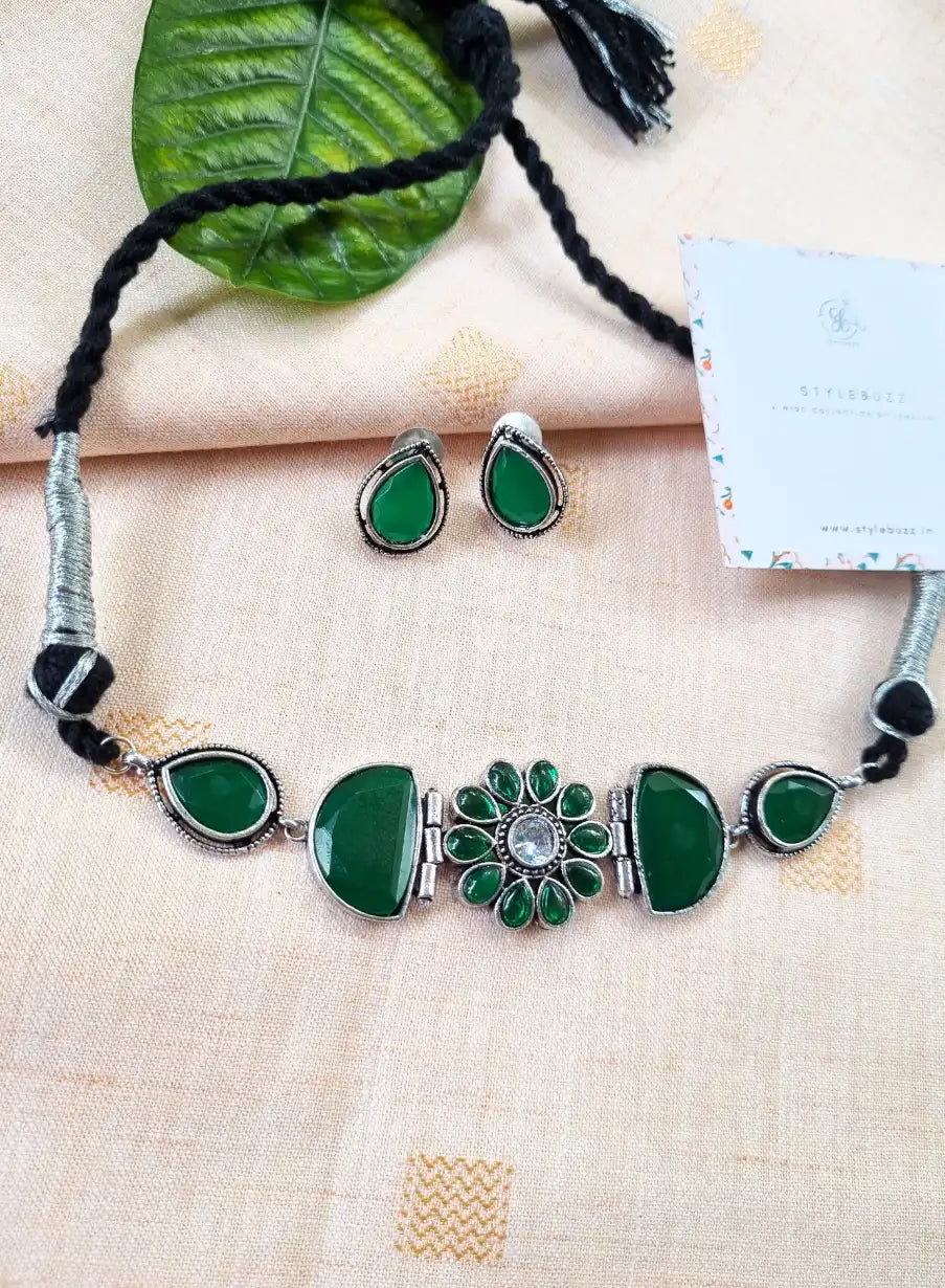 German Silver Green Monalisha Stone Choker with matching Earrings