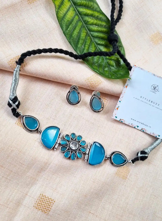 German Silver Sky-Blue Monalisha Stone Choker with matching Earrings