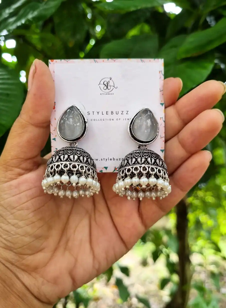 Silver Replica Gorgeous Jhumka with White Beads.