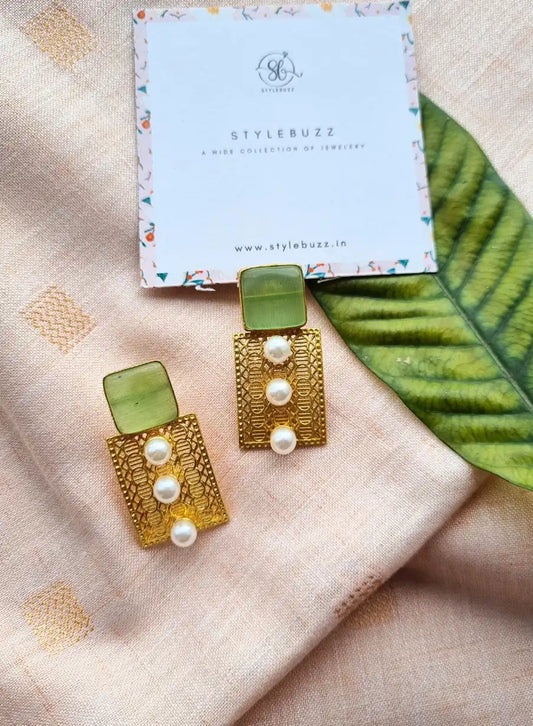 Premium Golden Brass Sea-Green Monalisha Stone Stud