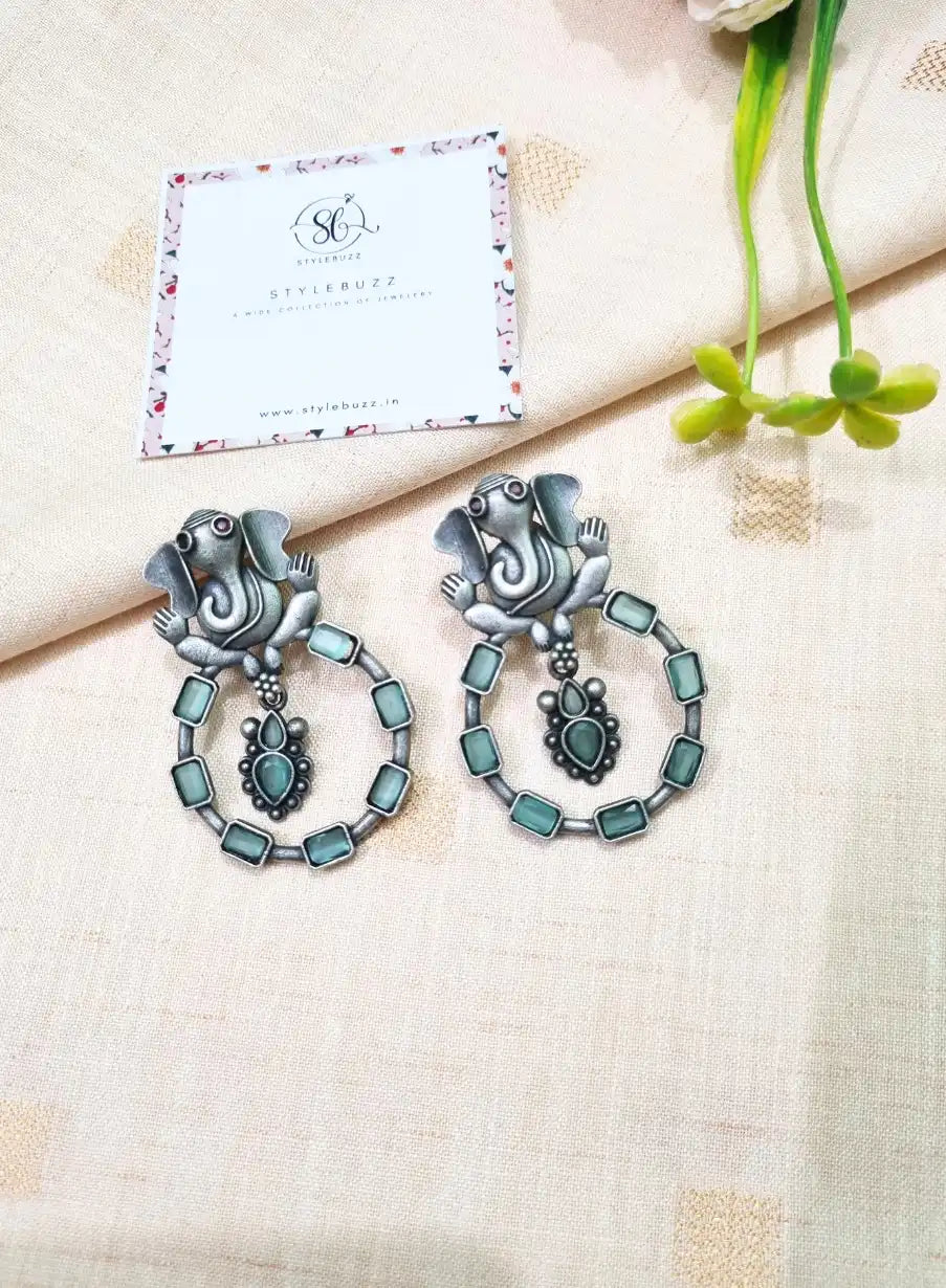 Replica Ganpati Sea-Green Stone Earrings