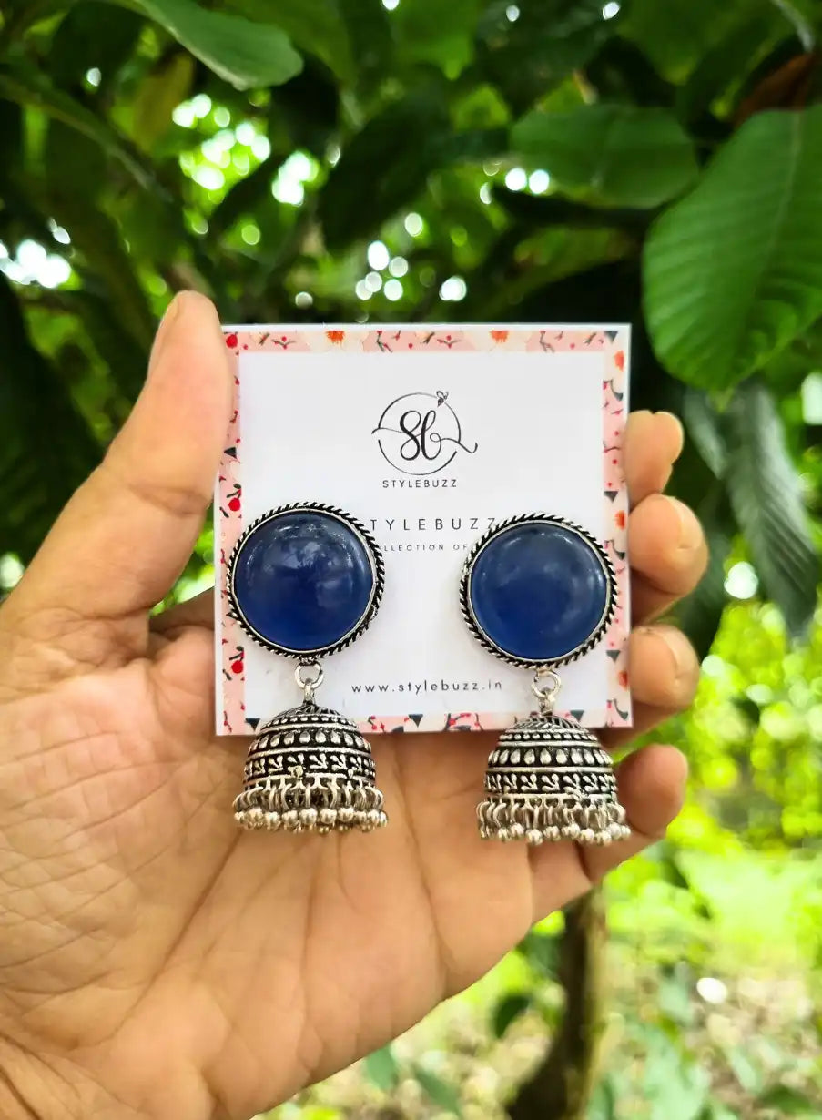 Silver Replica Blue Monalisha Stone Jhumka.