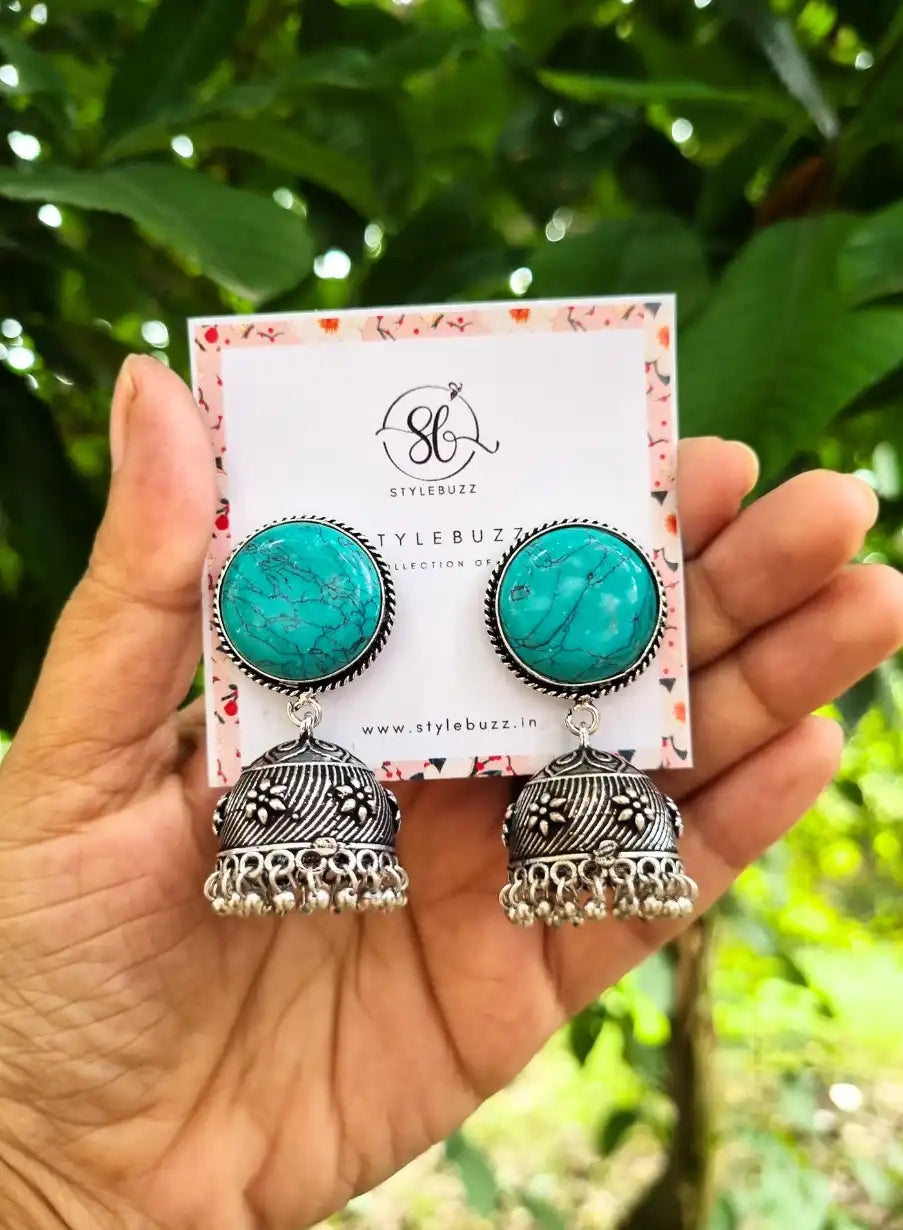 Silver Replica Sky-Blue Monalisha Stone Jhumka