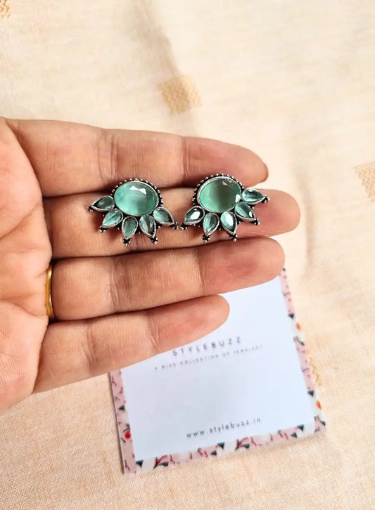 German Silver Small Sea-Green Artificial Stone Stud