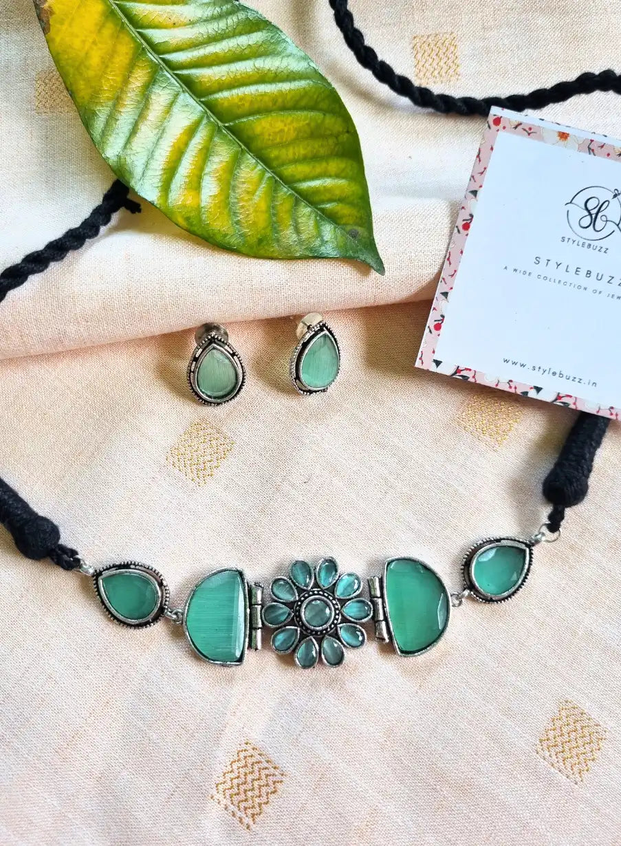 German Silver Sea-Green Monalisha Stone Choker with matching Earrings