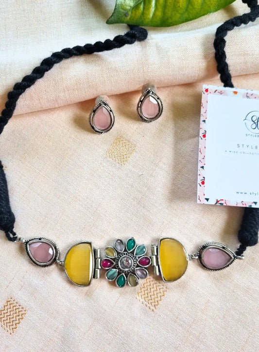 German Silver Stylish Multicolor Monalisha Stone Choker with matching Earrings