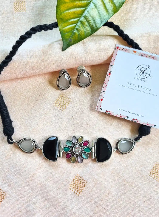 German Silver Black Monalisha Stone Choker with matching Earrings