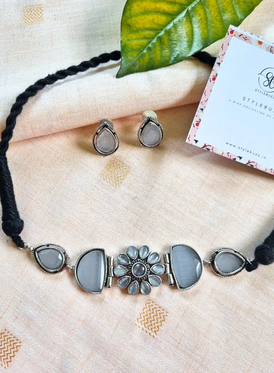 German Silver Grey Monalisha Stone Choker with matching Earrings