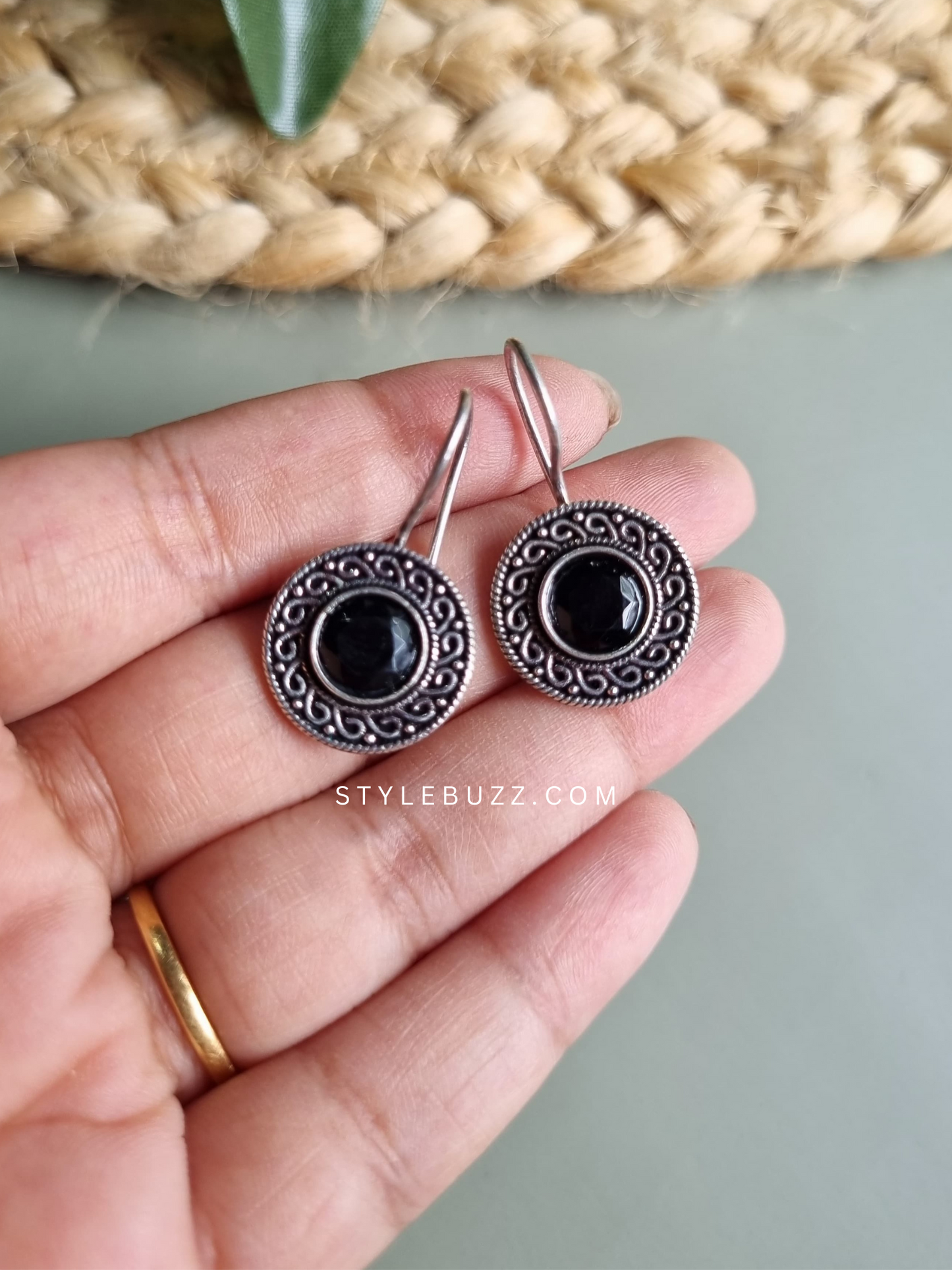 Silver Replica Antique Earrings With Black Stone