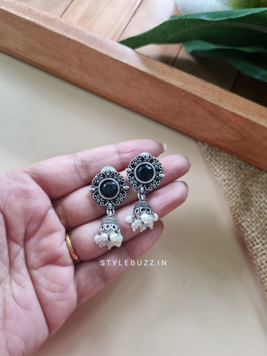 Silver Replica Black Stoned Jhumka With White Beads