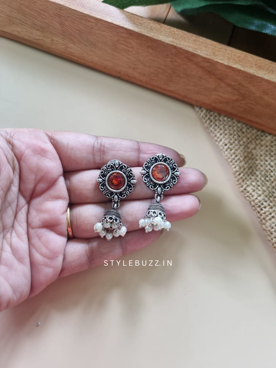 Silver Replica Orange Stoned Jhumka With White Beads