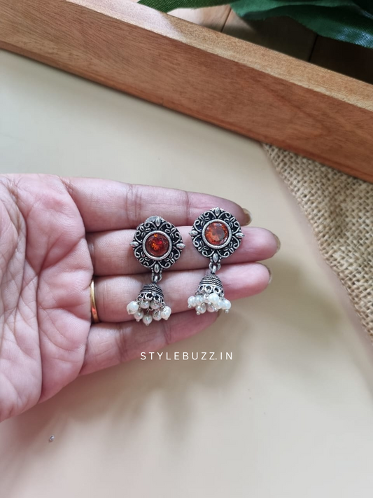 Silver Replica Orange Stoned Jhumka With White Beads