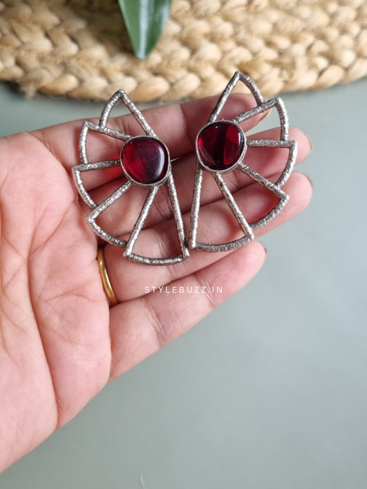 Silver replica maroon stoned stylish stud