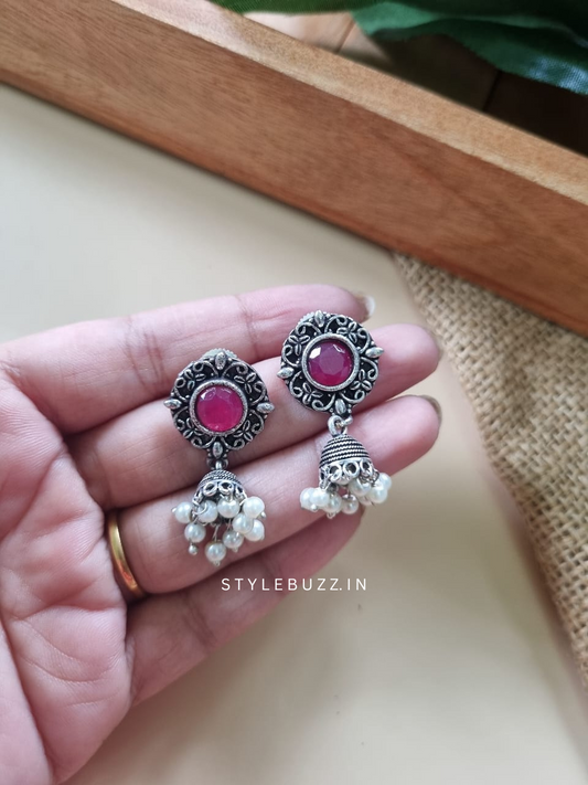 Silver Replica Deep Pink Colored Stoned Jhumka