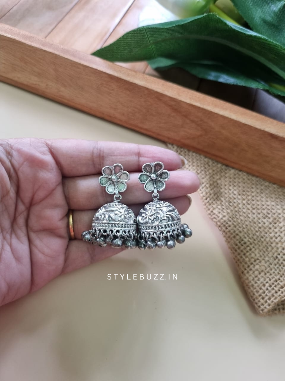 Silver Replica Flower Designed Traditional Looking Jhumka