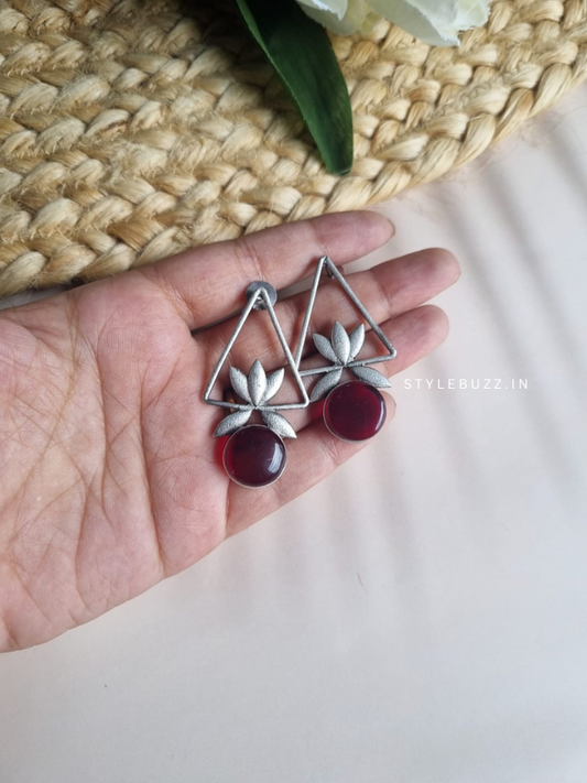 Silver Replica Earrings With Maroon Monalisa Stone