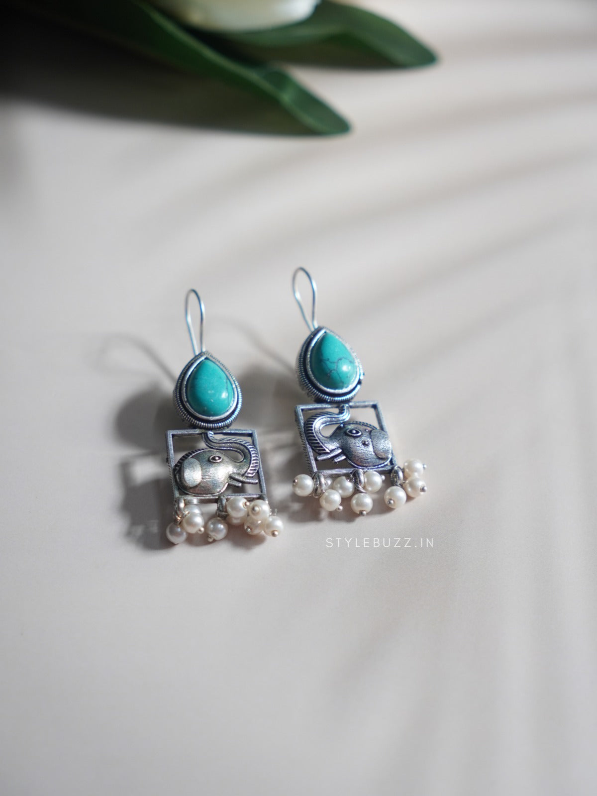 Silver Replica Elephant Danglers with Sea Green Monalisha Stone