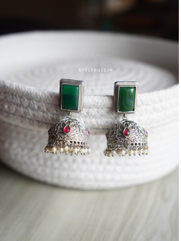 Silver Replica Green And Red Stoned Premium Earrings