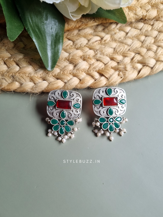 Silver Replica Red & Green Earrings with Lahari Beads